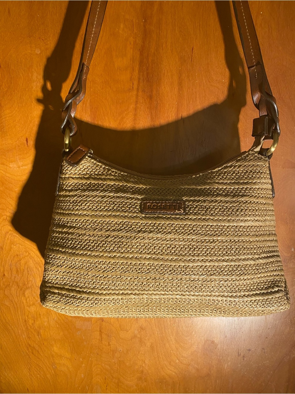 Rosetti Tan Woven Crossbody Bag with Brown Strap